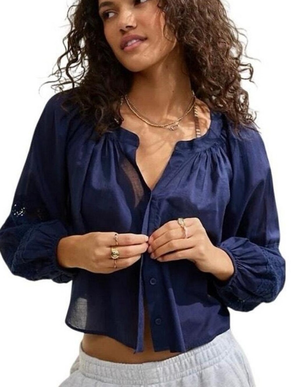 Aerie Crochet Sleeve Peasant Blouse In Navy Blue